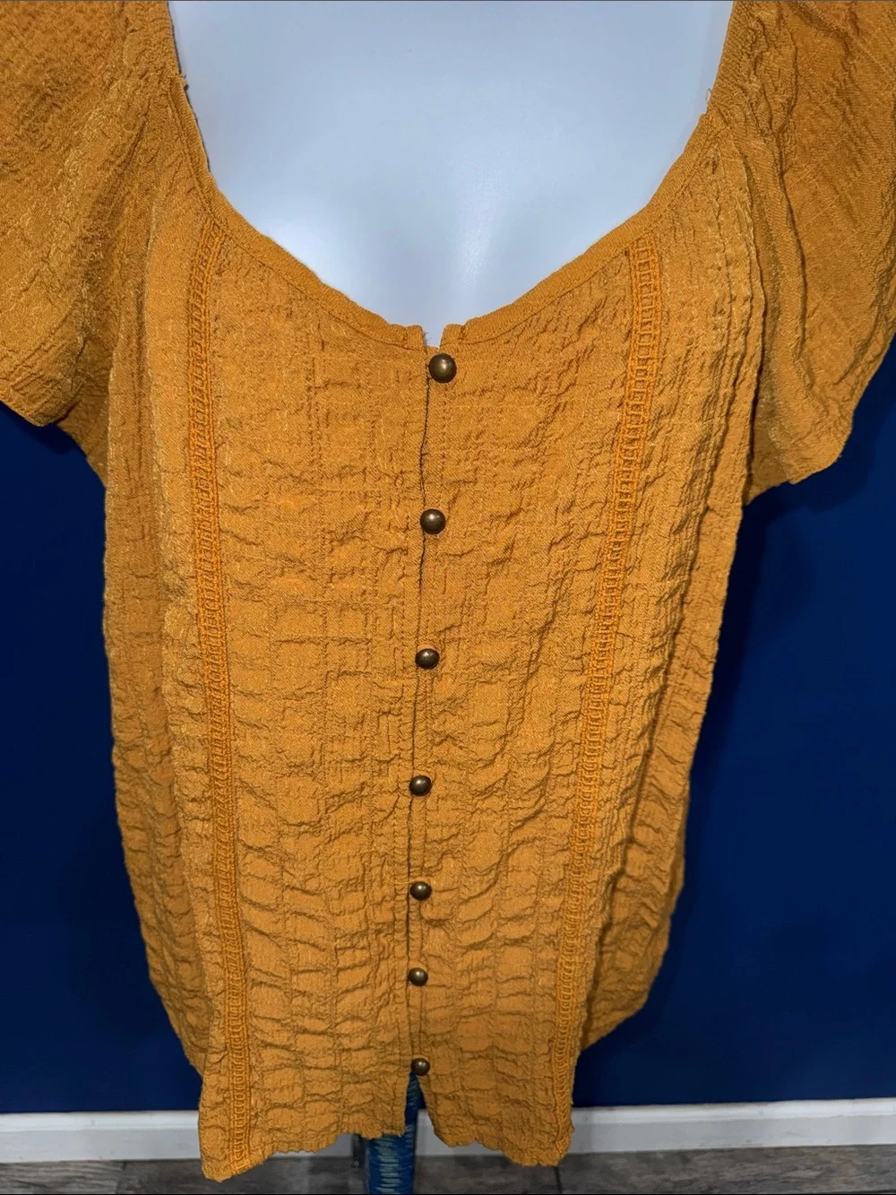 Rewind -Mustard Front Button Textured Boho Top Size XL